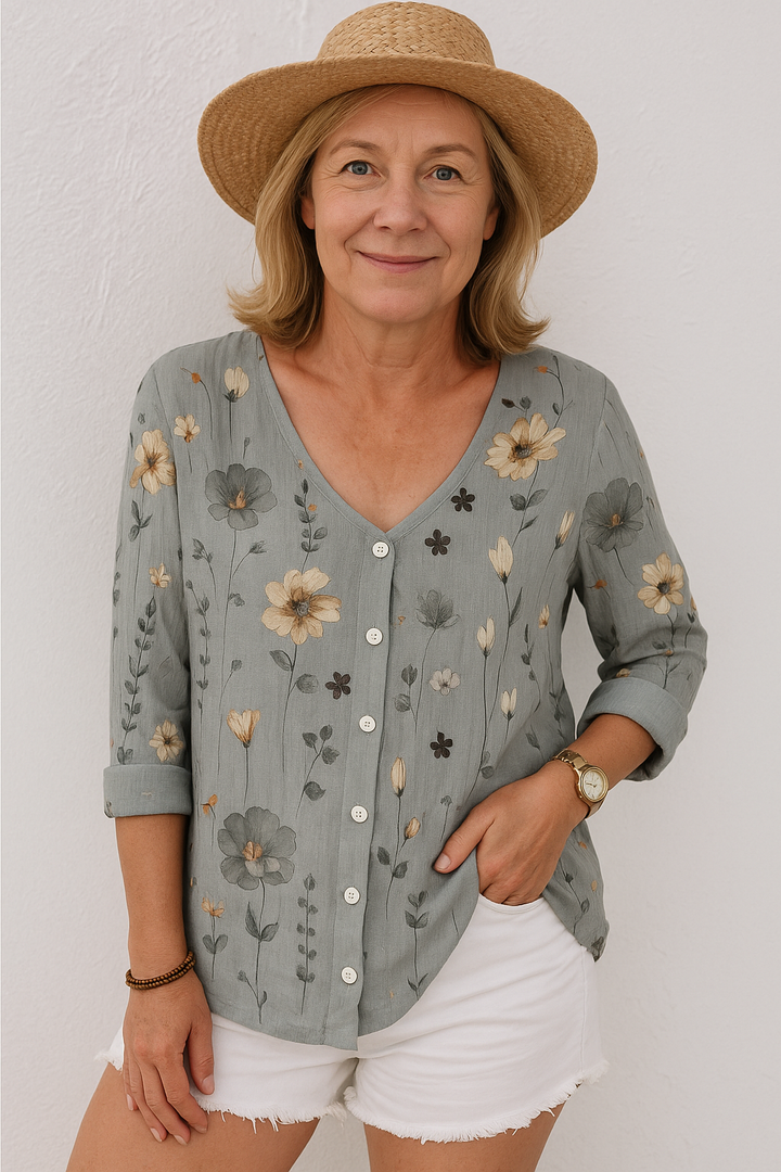 June | Effortless Floral Top in Cotton and Linen - Natural Grace