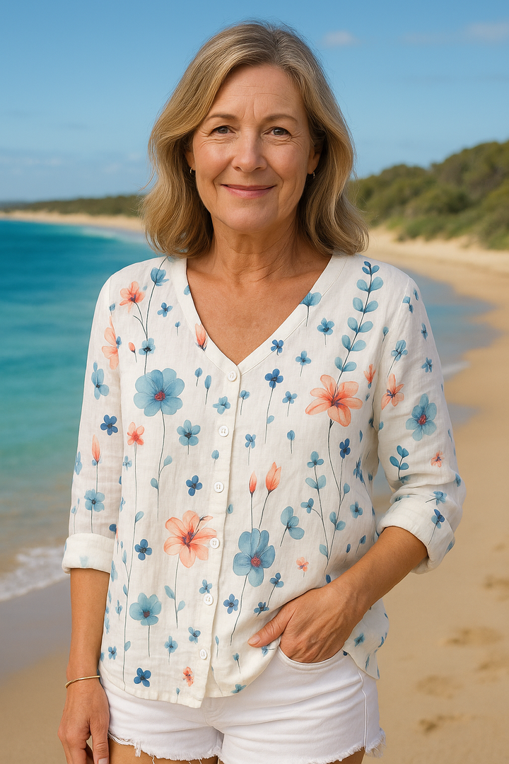 June | Effortless Floral Top in Cotton and Linen - Natural Grace