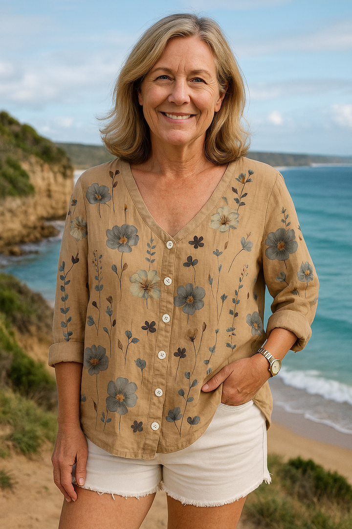 June | Effortless Floral Top in Cotton and Linen - Natural Grace