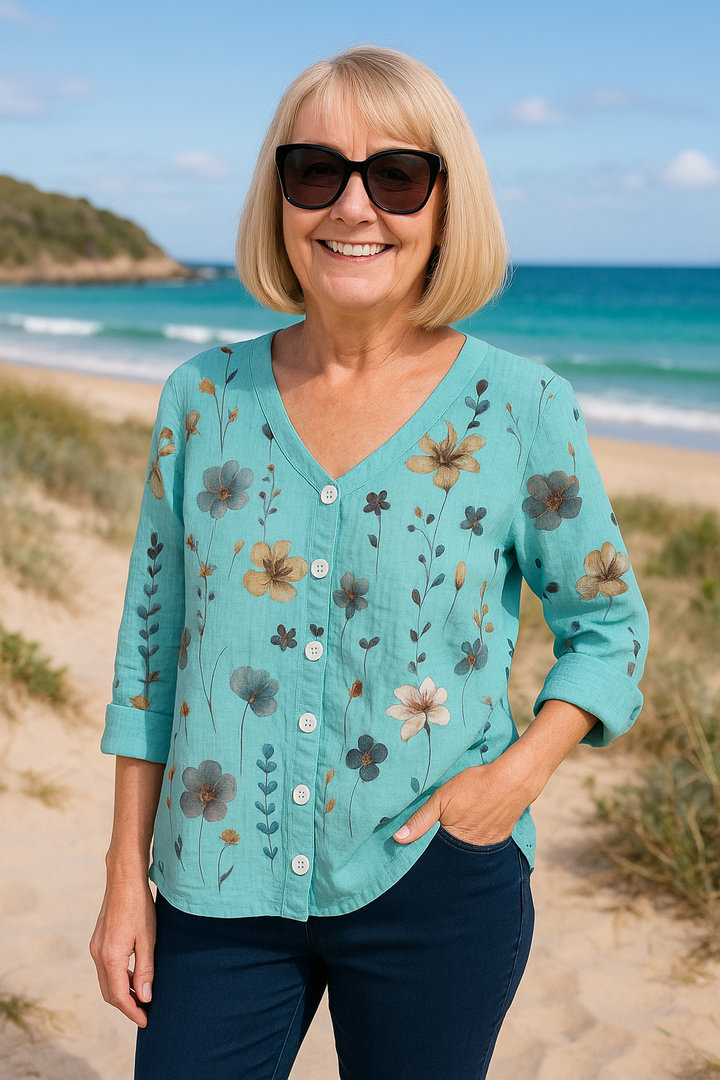 June | Effortless Floral Top in Cotton and Linen - Natural Grace